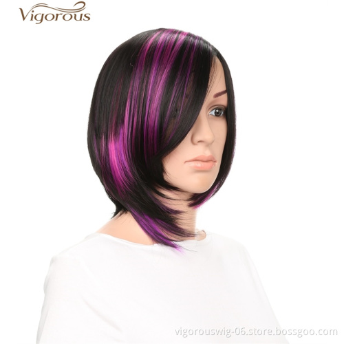 Vigorous Black Mix Purple Silky Straight Wigs With Part Side Bangs For Women Synthetic Fiber Heat Resistant Glueless Hair Wigs